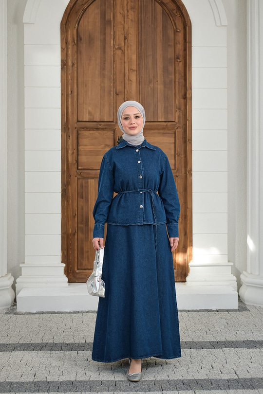 Düğmeli Bel Bağlamalı Kot Takım Lacivert