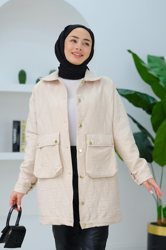 Düğmeli Dalga Desen Mont Krem