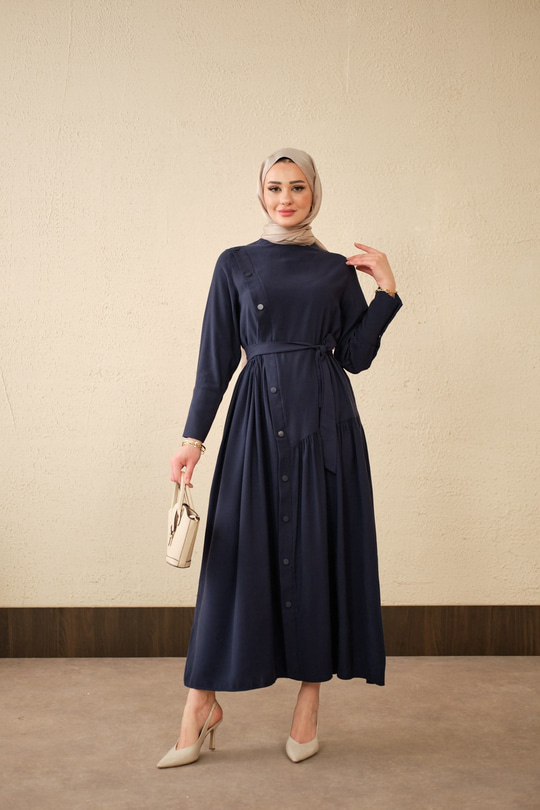 Düğmeli Etek Büzgülü Bel Bağlamalı Elbise Lacivert