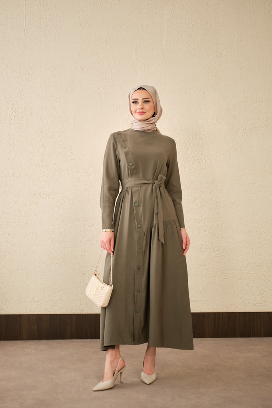 Düğmeli Etek Büzgülü Bel Bağlamalı Elbise Haki Yeşil