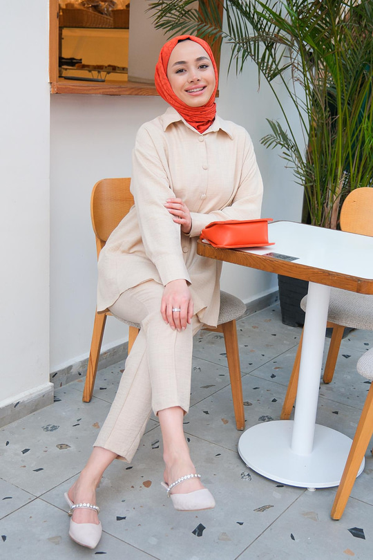 Düğmeli İkili Takım Bej