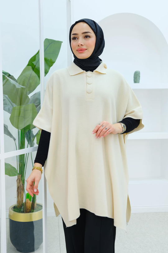 Düğmeli Panço Ekru