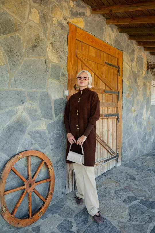 Düğmeli Triko Ceket Kahverengi