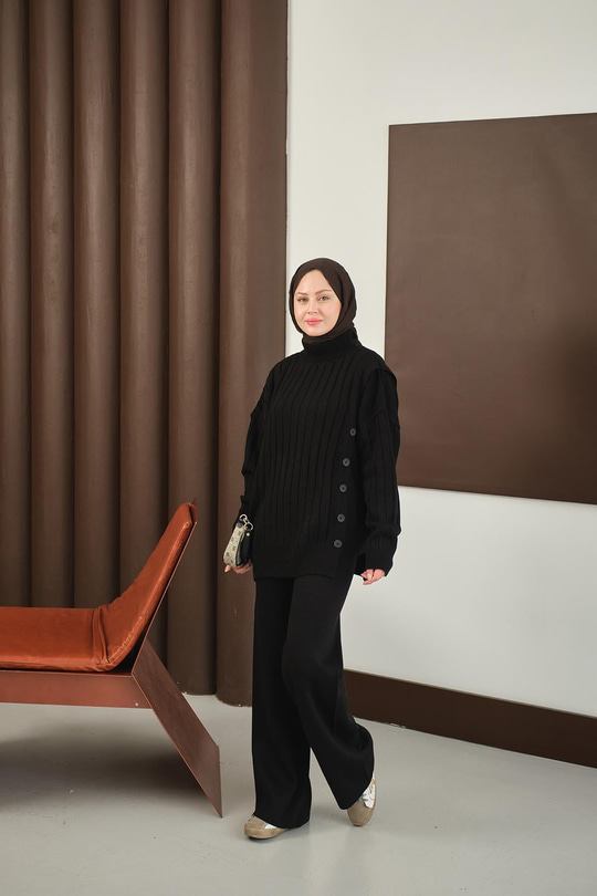 Düğmeli Triko Takım Siyah