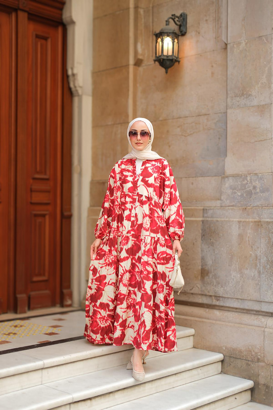 Duman Desenli Elbise Kırmızı