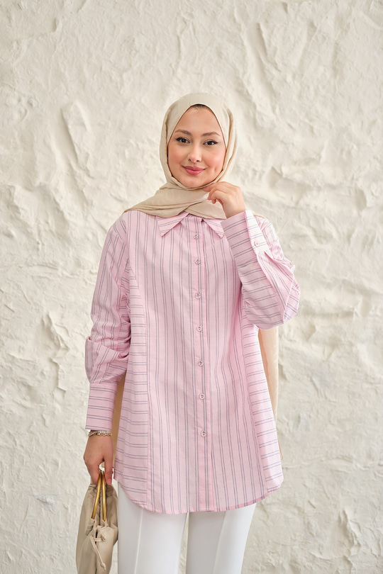 Düz Ve Yan Çizgi Detay Gömlek Pembe