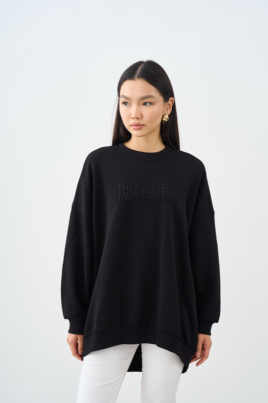 Taş İşlemeli Bisiklet Yaka Sweatshirt Siyah