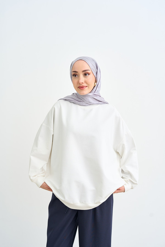 Bisiklet Yaka Oversize Sweatshirt Ekru