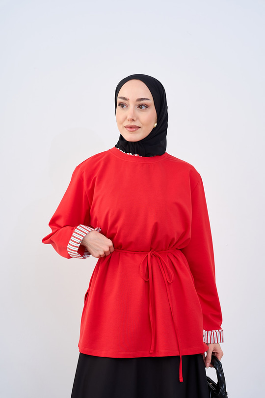 Yaka Ve Kolları Çizgi Garnili Bel Bağlamalı Sweatshirt Kırmızı