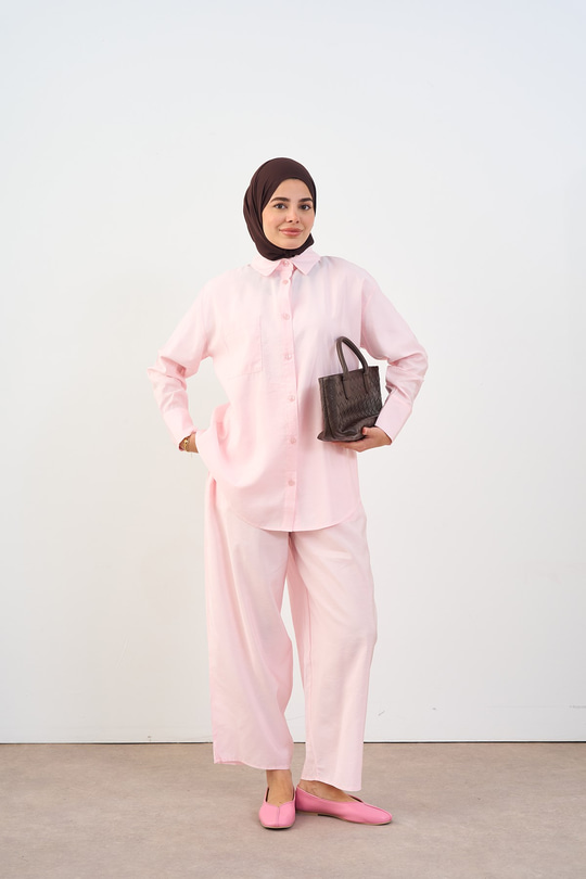 Tek Cep Detay Pantolon Beli Lastikli İkili Takım Pembe