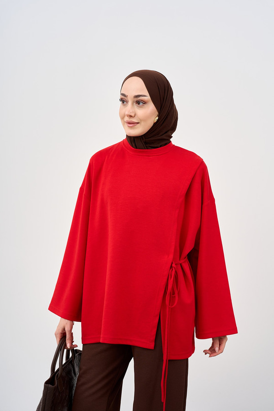 Yan Biye Bağlamalı Tunik Kırmızı