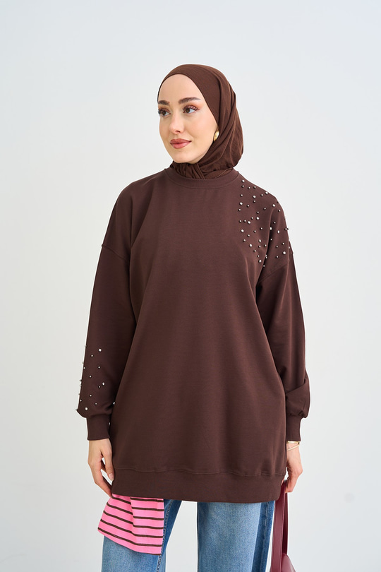 Taş Ve İnci Detaylı Sweatshirt Kahverengi