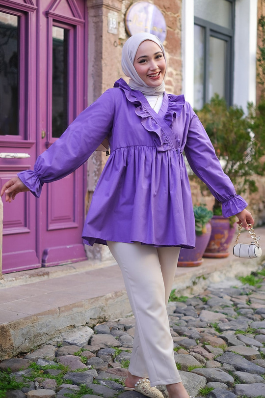 Yan Bağlamalı Fırfır Detay Mor