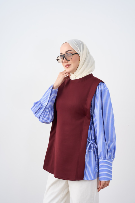 Kolları Çizgili Yan Bağlama Detay Tunik Bordo