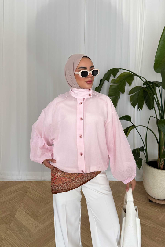 Yaka Düğme Detay Tül Gömlek Pembe