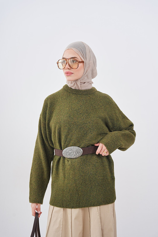 Bisiklet Yaka Triko Tunik Haki Yeşil