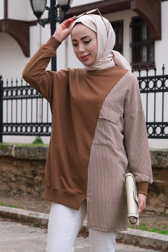 Ekose Cep Detaylı Tunik Kahverengi