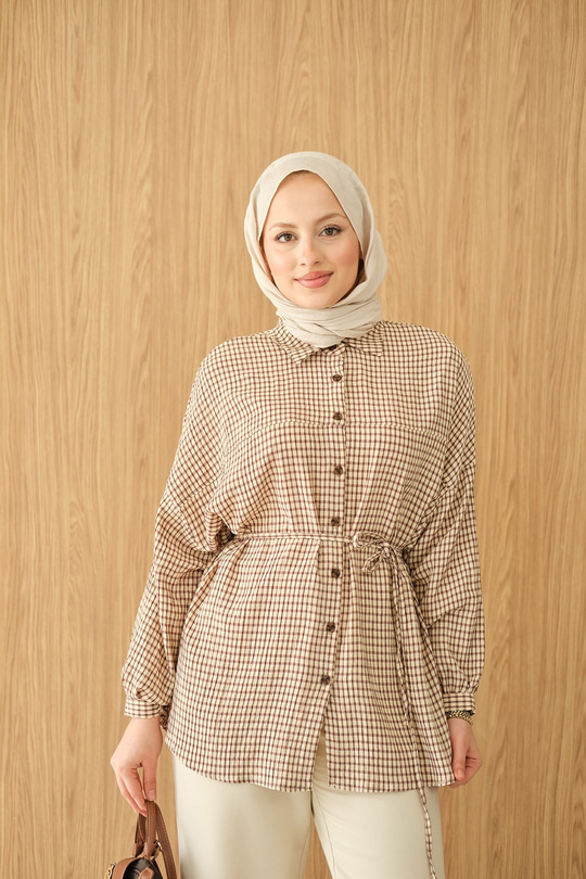 Ekose Desen Bel Bağlamalı Gömlek Kahverengi