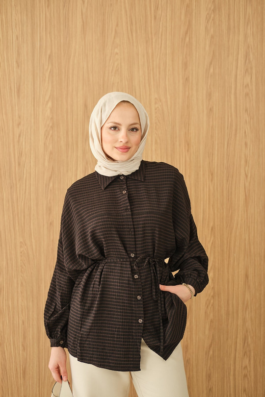 Ekose Desen Bel Bağlamalı Gömlek Siyah