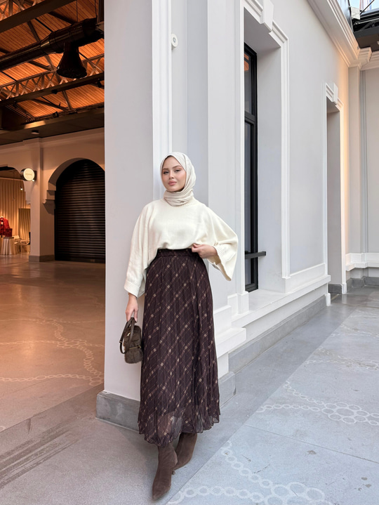 Ekose Desen Bel Lastik Detay Şifon Etek Kahverengi