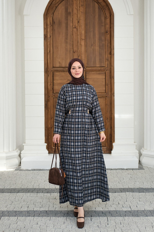 Ekose Desen Bronş Detay Arkadan Bağlamalı Elbise Lacivert