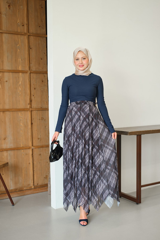 Ekose Desen Dikiş İzli Yandan Bağcık Detaylı Şifon Etek Antrasit