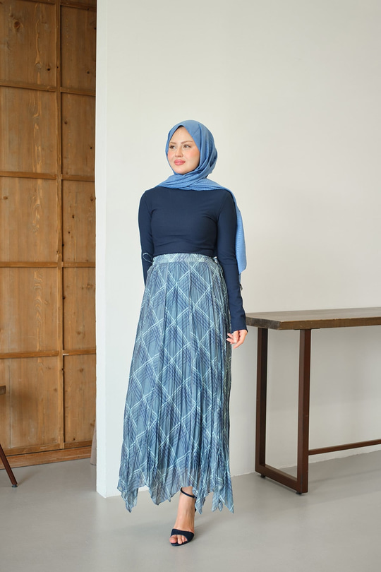 Ekose Desen Dikiş İzli Yandan Bağcık Detaylı Şifon Etek Açık Mavi
