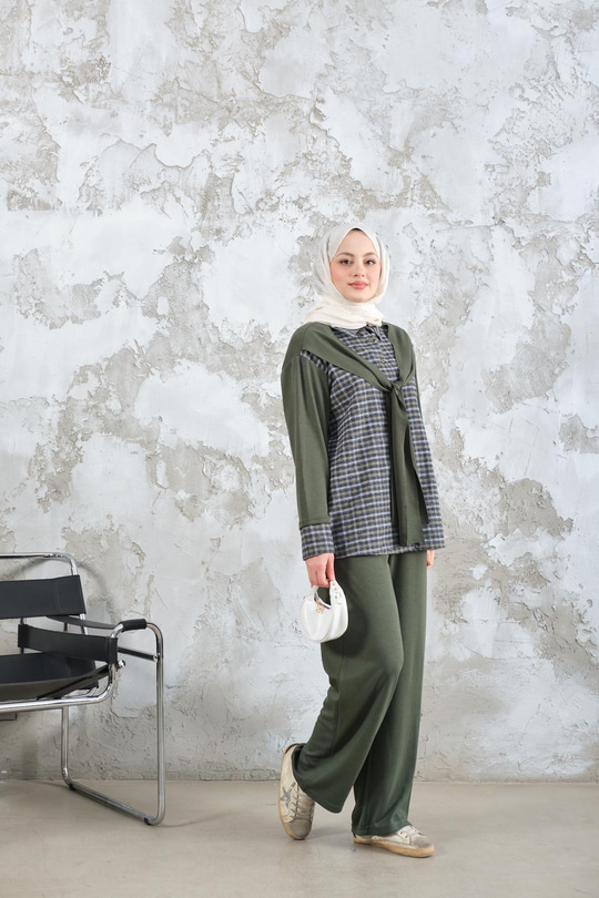 Ekose Desen İkili Takım Haki Yeşil