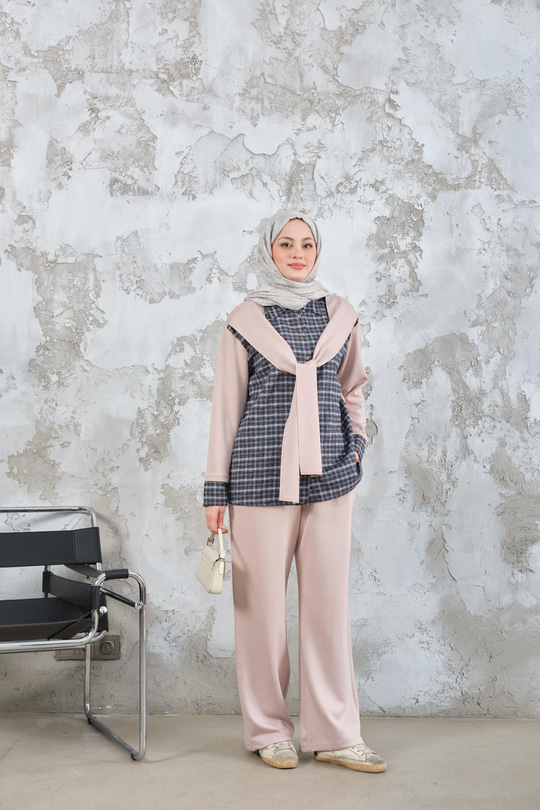 Ekose Desen İkili Takım Krem