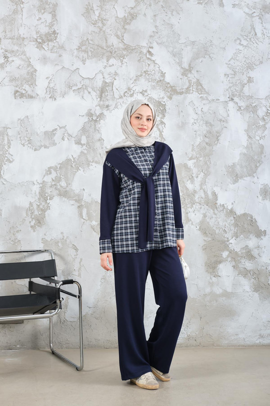 Ekose Desen İkili Takım Lacivert