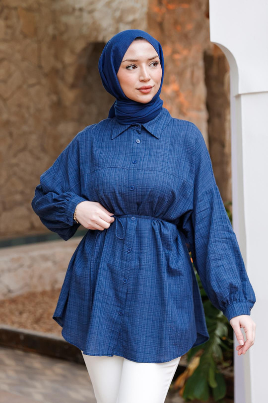 Ekose Desenli Bel Bağlamalı Gömlek Lacivert