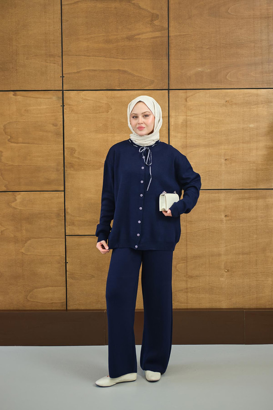 Ekose Düğmeli Takım Lacivert
