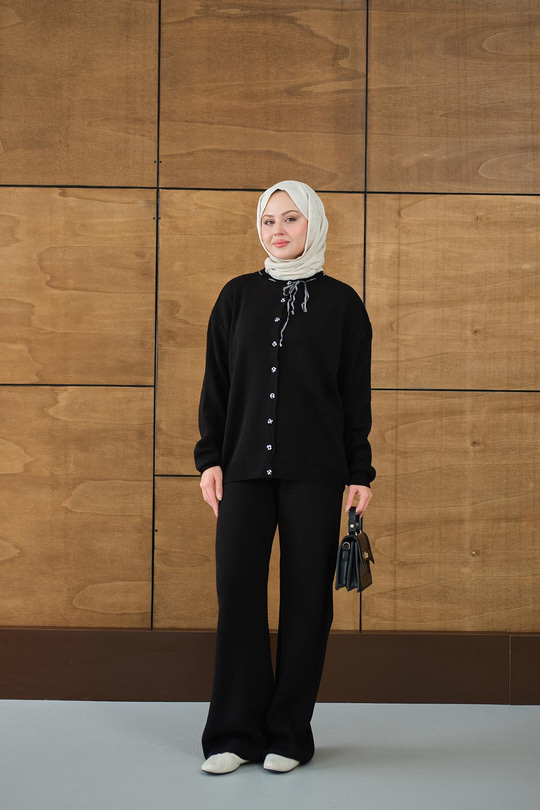 Ekose Düğmeli Takım Siyah