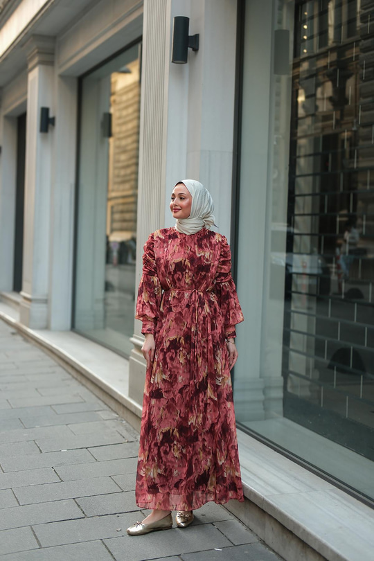 Empirme Desenli Dijital Elbise Kiremit