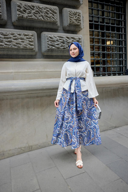 Eteği Baskılı Keten Takım Mavi