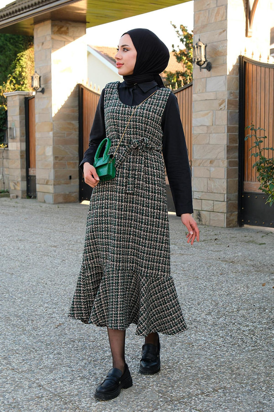 Eteği Fırfırlı Kuşaklı Tüvit Jile  Zümrüt Yeşil