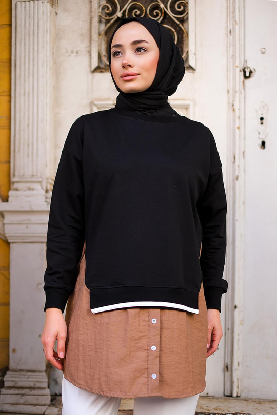 Eteği Gömlek Detaylı Sweat  Siyah