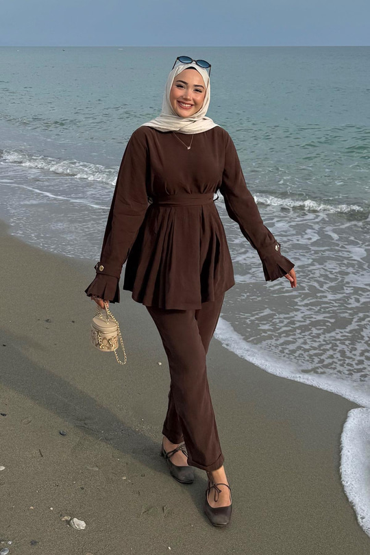 Eteği Pileli Armani Modal Takım Kahverengi