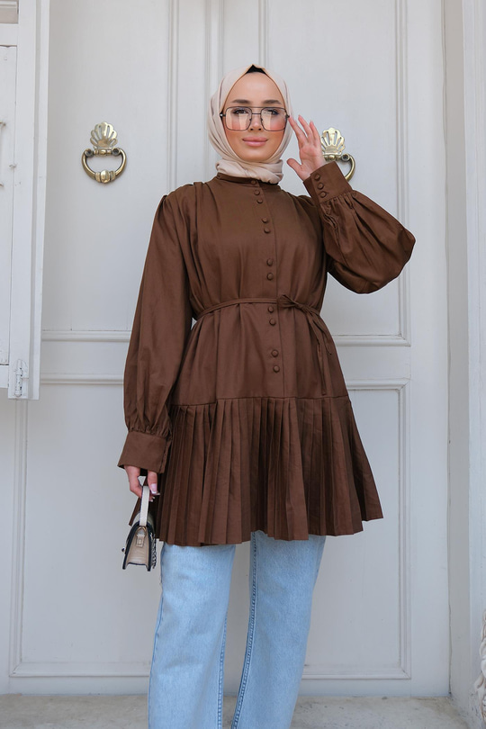 Eteği Piliseli Gömlek Kahverengi