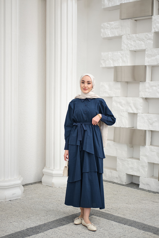 Eteği Volanlı Bel Bağlamalı Gömlek Yaka Yarım Düğmeli Elbise İndigo Mavi