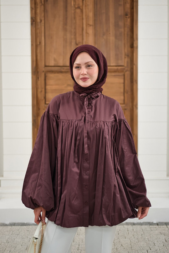 Etek Ucu Büzgülü Gömlek Bordo