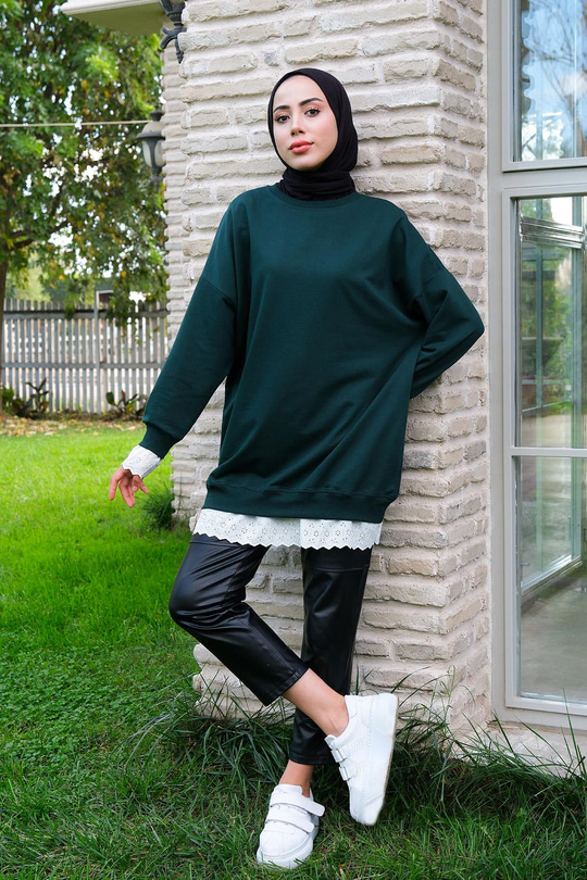 Etek Ve Kol Kısmı Dantelli Bisiklet Yaka Tunik Zümrüt Yeşil