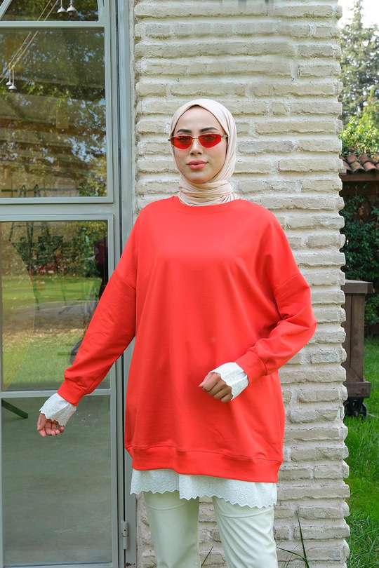 Etek Ve Kol Kısmı Dantelli Bisiklet Yaka Tunik Nar Çiçeği