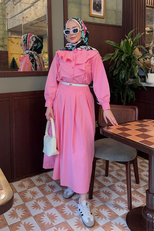 Etekli Poplin Takım Pembe