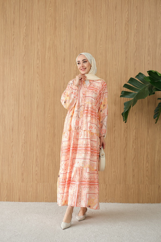 Etnik Bohem Desen Elbise Turuncu