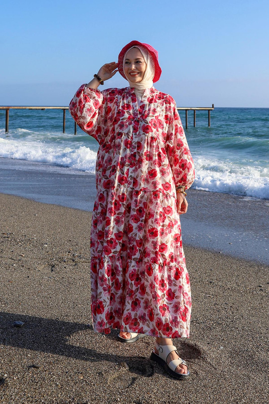 Etnik Çicek Desenli Elbise Fuşya