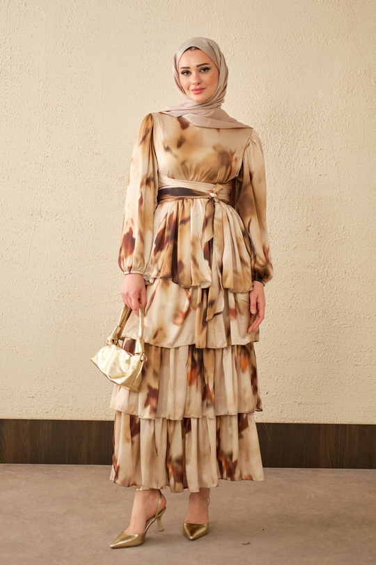 Etnik Deseb Arkadan Bağlamalı Elbise Yağ Yeşil