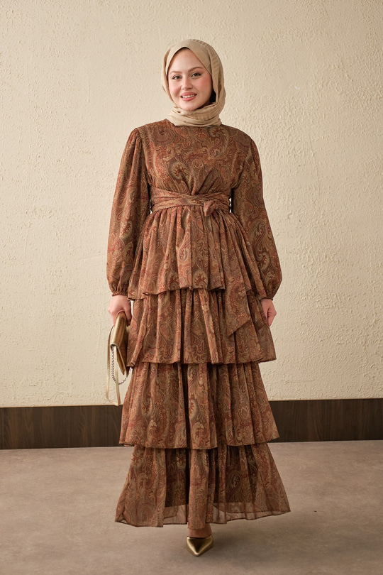 Etnik Desen Arkadan Bağlamalı Elbise Kahverengi