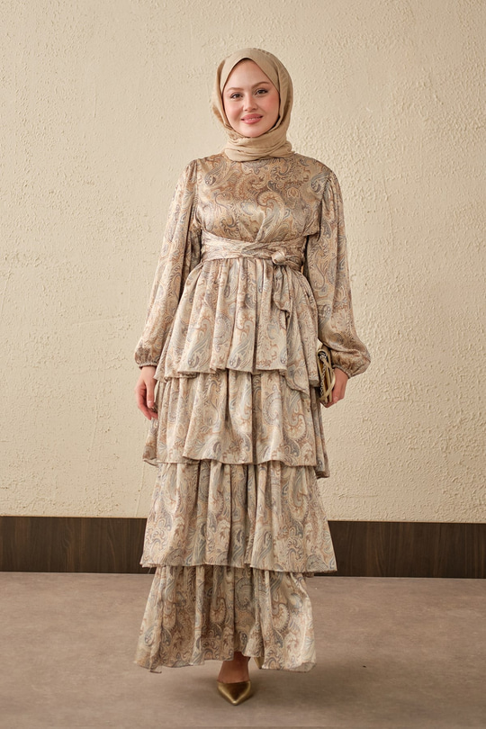 Etnik Desen Arkadan Bağlamalı Elbise Yeşil