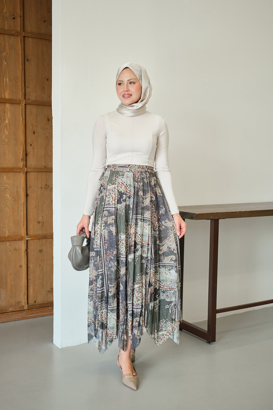 Etnik Desen Asimetrik Kesim Şifon Etek Yeşil